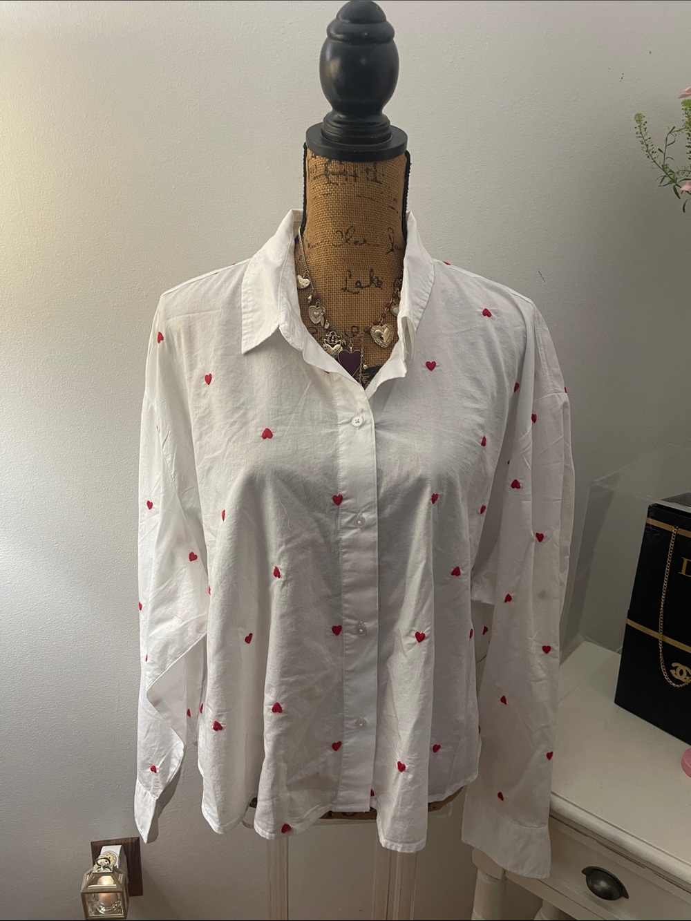 Old Navy White Button-Down Shirt with Red Heart Embroidery